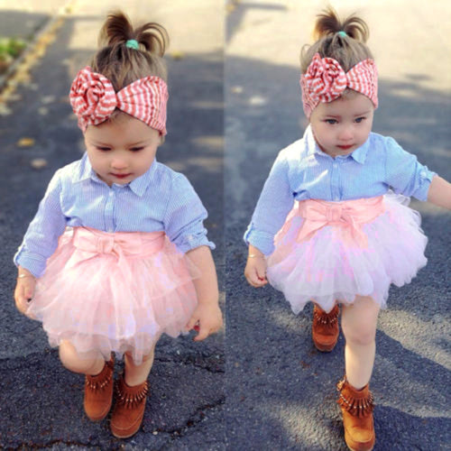 2Pcs Toddler Baby Girls Bow Striped Tops+Tutu Skirt Set Infant Outfits Clothes